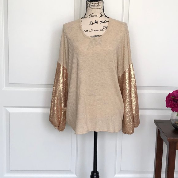 Chrysanthemum Tops - Chrysanthemum Sequin Sleeve with Draped Back
